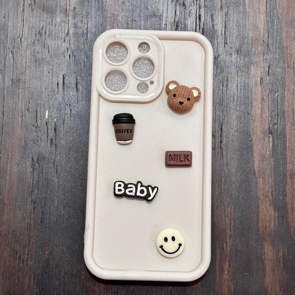 Cream iPhone 13promax phone case with cute bear 3d